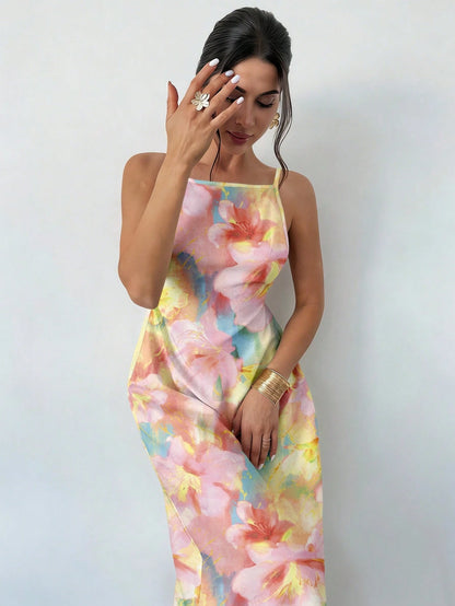 Firerie Women's Solid Color Casual Spaghetti Strap Backless Dress, Tie-Dye Floral Print Loose Hawaiian Holiday Sundress, Yellow,Summer Dresses For Women
