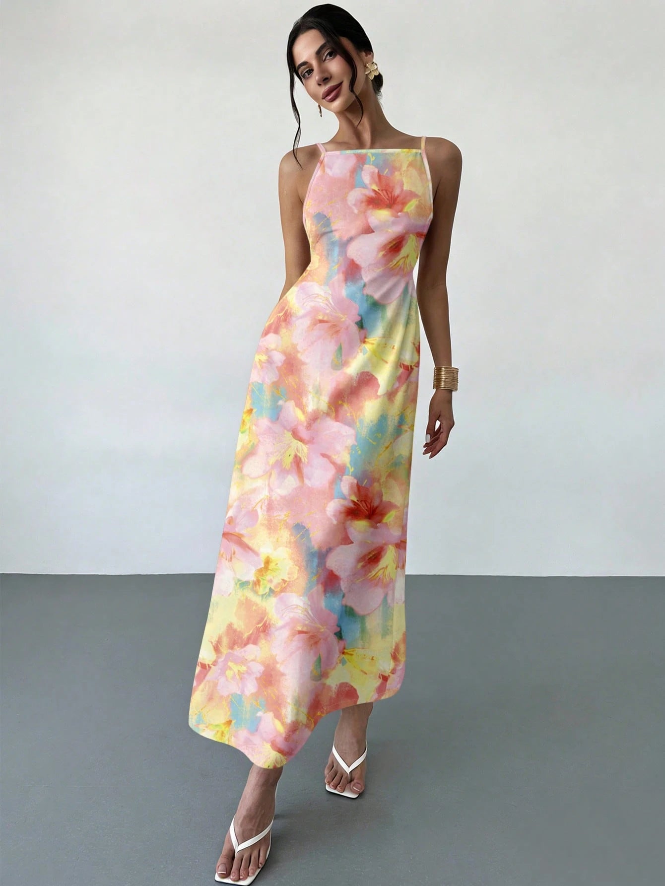 Firerie Women's Solid Color Casual Spaghetti Strap Backless Dress, Tie-Dye Floral Print Loose Hawaiian Holiday Sundress, Yellow,Summer Dresses For Women