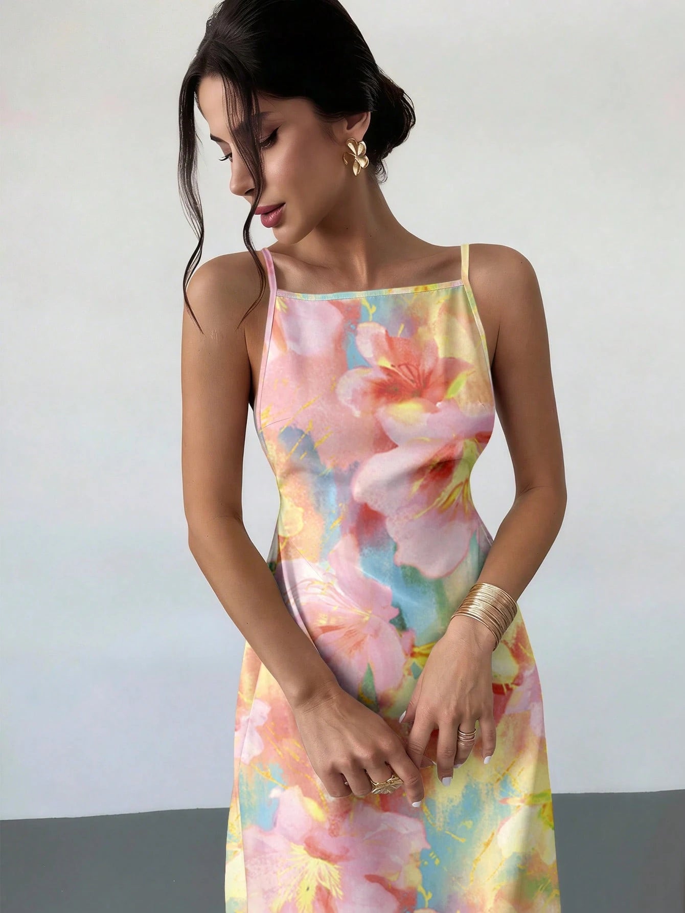Firerie Women's Solid Color Casual Spaghetti Strap Backless Dress, Tie-Dye Floral Print Loose Hawaiian Holiday Sundress, Yellow,Summer Dresses For Women
