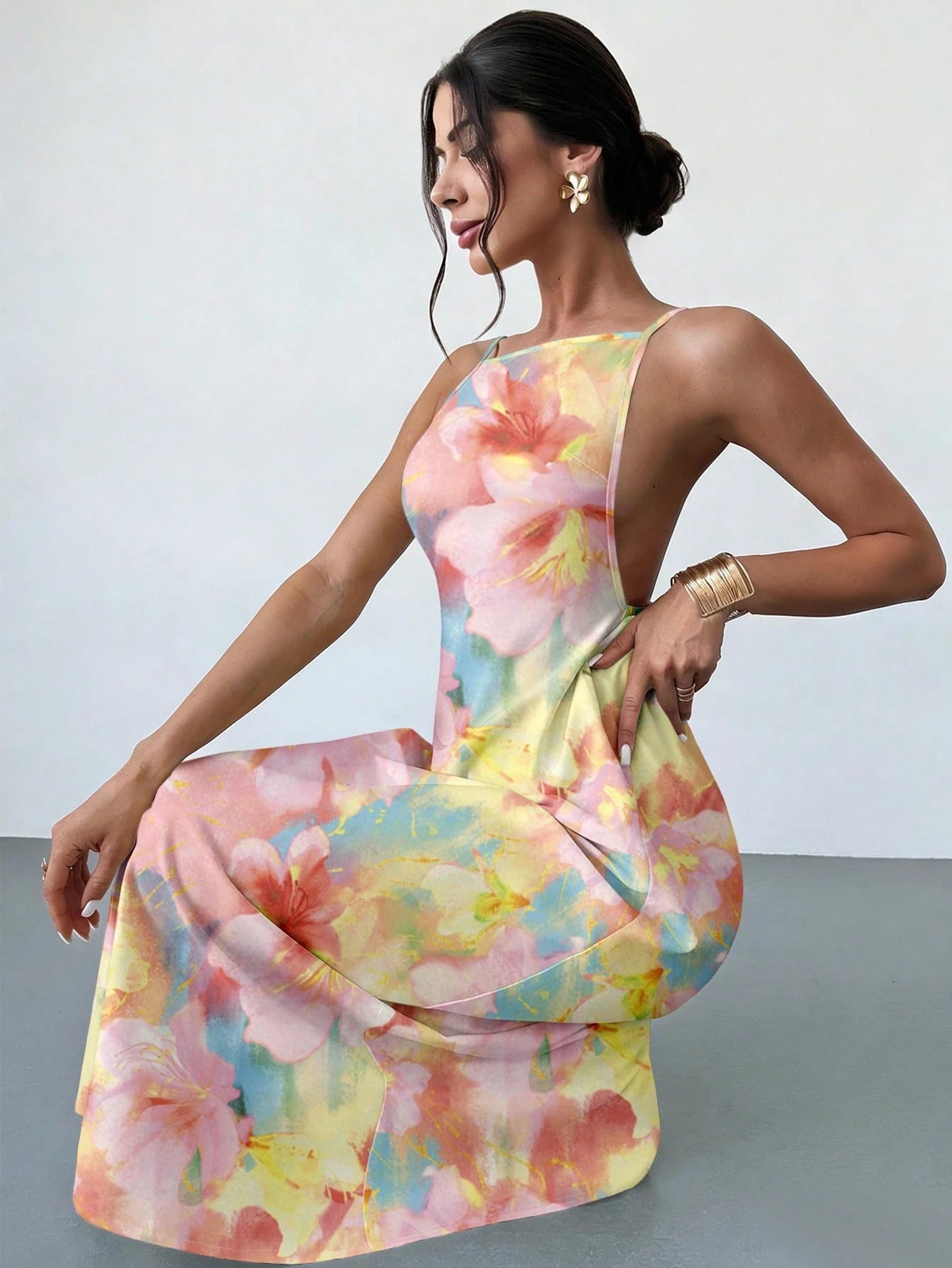 Firerie Women's Solid Color Casual Spaghetti Strap Backless Dress, Tie-Dye Floral Print Loose Hawaiian Holiday Sundress, Yellow,Summer Dresses For Women