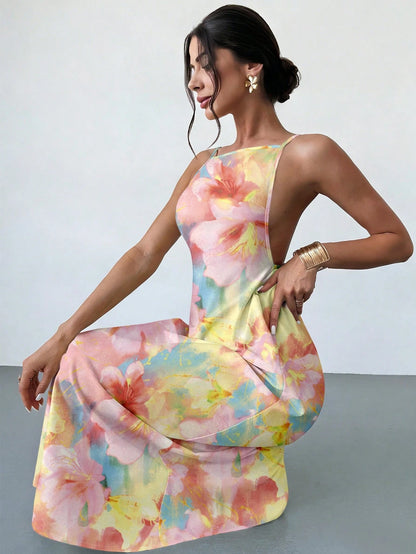 Firerie Women's Solid Color Casual Spaghetti Strap Backless Dress, Tie-Dye Floral Print Loose Hawaiian Holiday Sundress, Yellow,Summer Dresses For Women