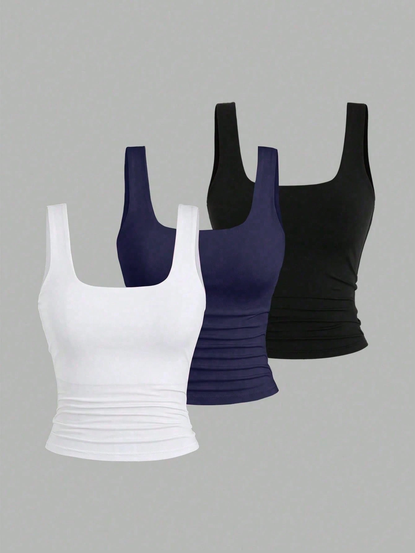 Flirla 3pcs Pack Plus Size Women's Solid Color Pleated Camisole