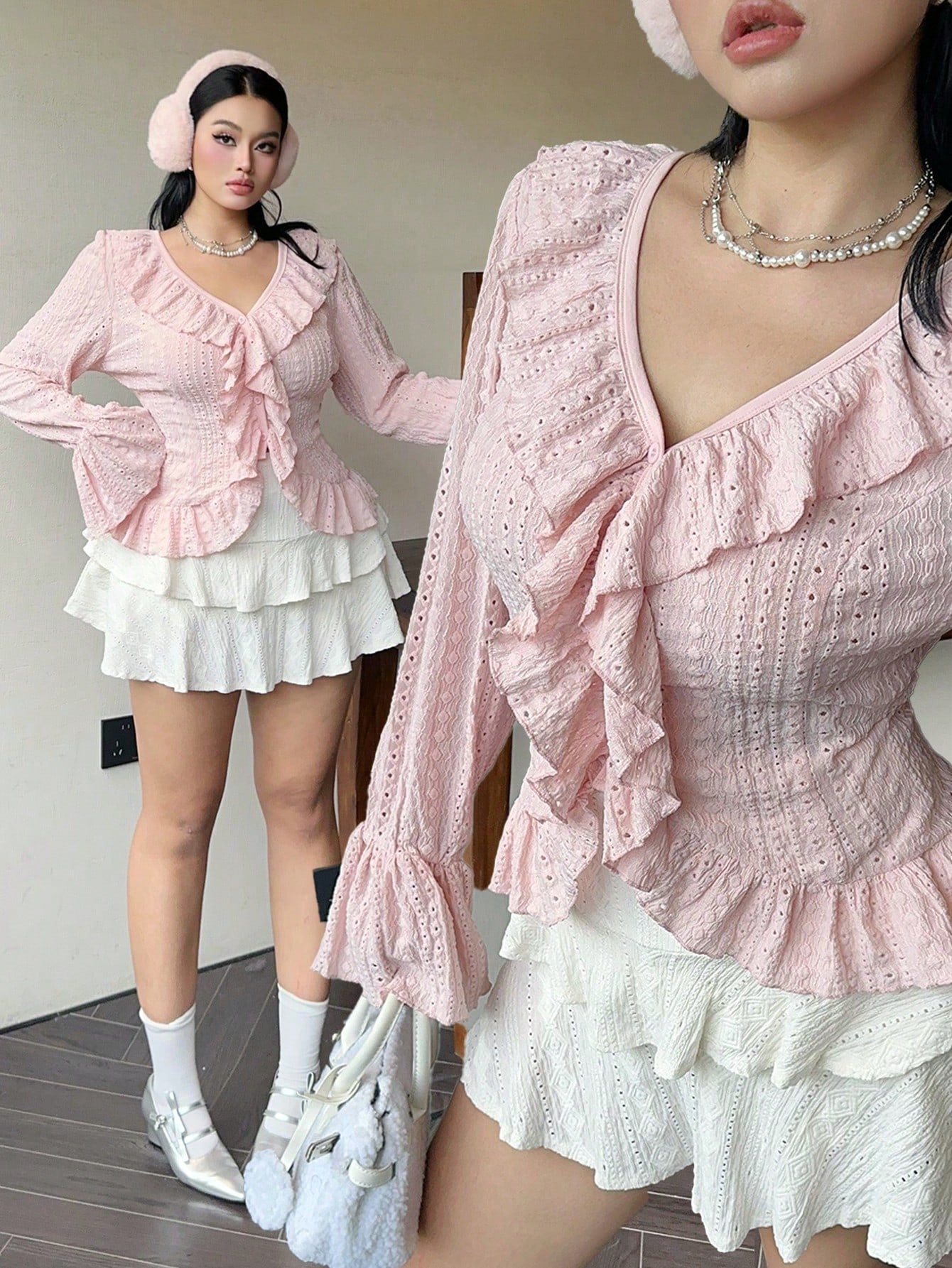 Flirla Plus Size Elegant French Style Ruffled Flared Sleeve Blouse Women Shirt Fall Cloth For Women