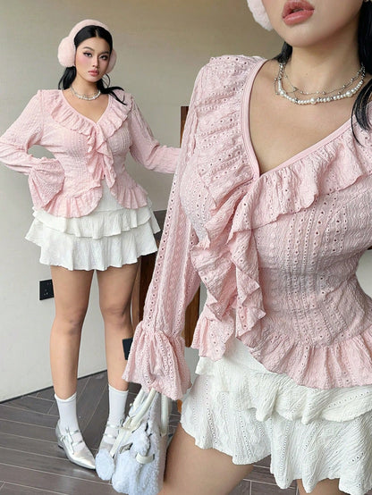 Flirla Plus Size Elegant French Style Ruffled Flared Sleeve Blouse Women Shirt Fall Cloth For Women