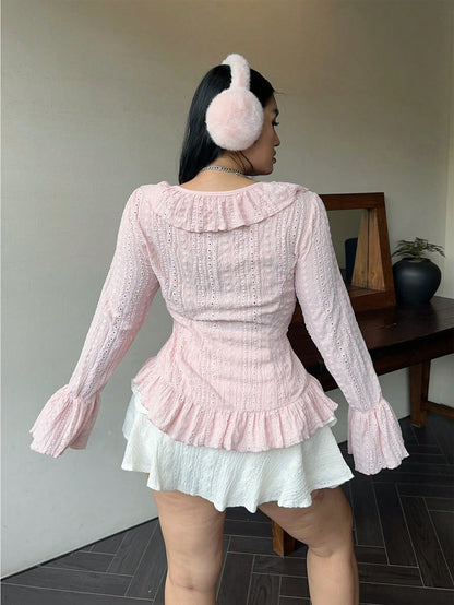 Flirla Plus Size Elegant French Style Ruffled Flared Sleeve Blouse Women Shirt Fall Cloth For Women
