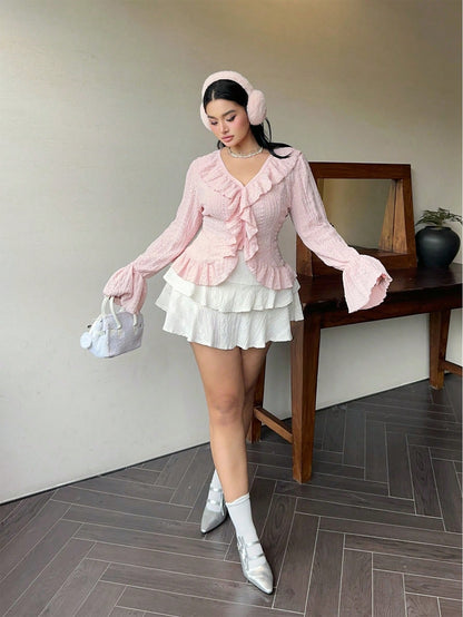 Flirla Plus Size Elegant French Style Ruffled Flared Sleeve Blouse Women Shirt Fall Cloth For Women