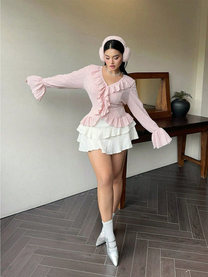 Flirla Plus Size Elegant French Style Ruffled Flared Sleeve Blouse Women Shirt Fall Cloth For Women