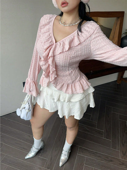 Flirla Plus Size Elegant French Style Ruffled Flared Sleeve Blouse Women Shirt Fall Cloth For Women