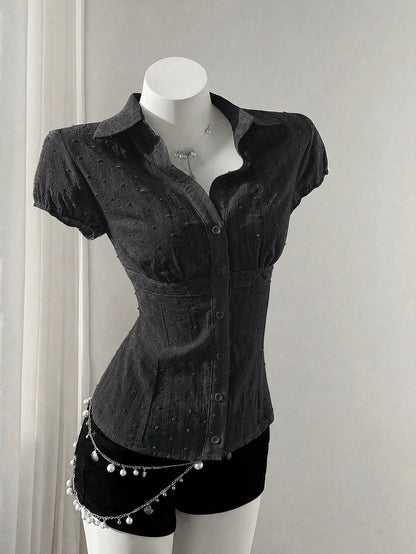 Flirla Women's Casual Retro Sweet & Spicy Textured Jacquard Waist Cinching Vacation Fitted Short Sleeve Blouse