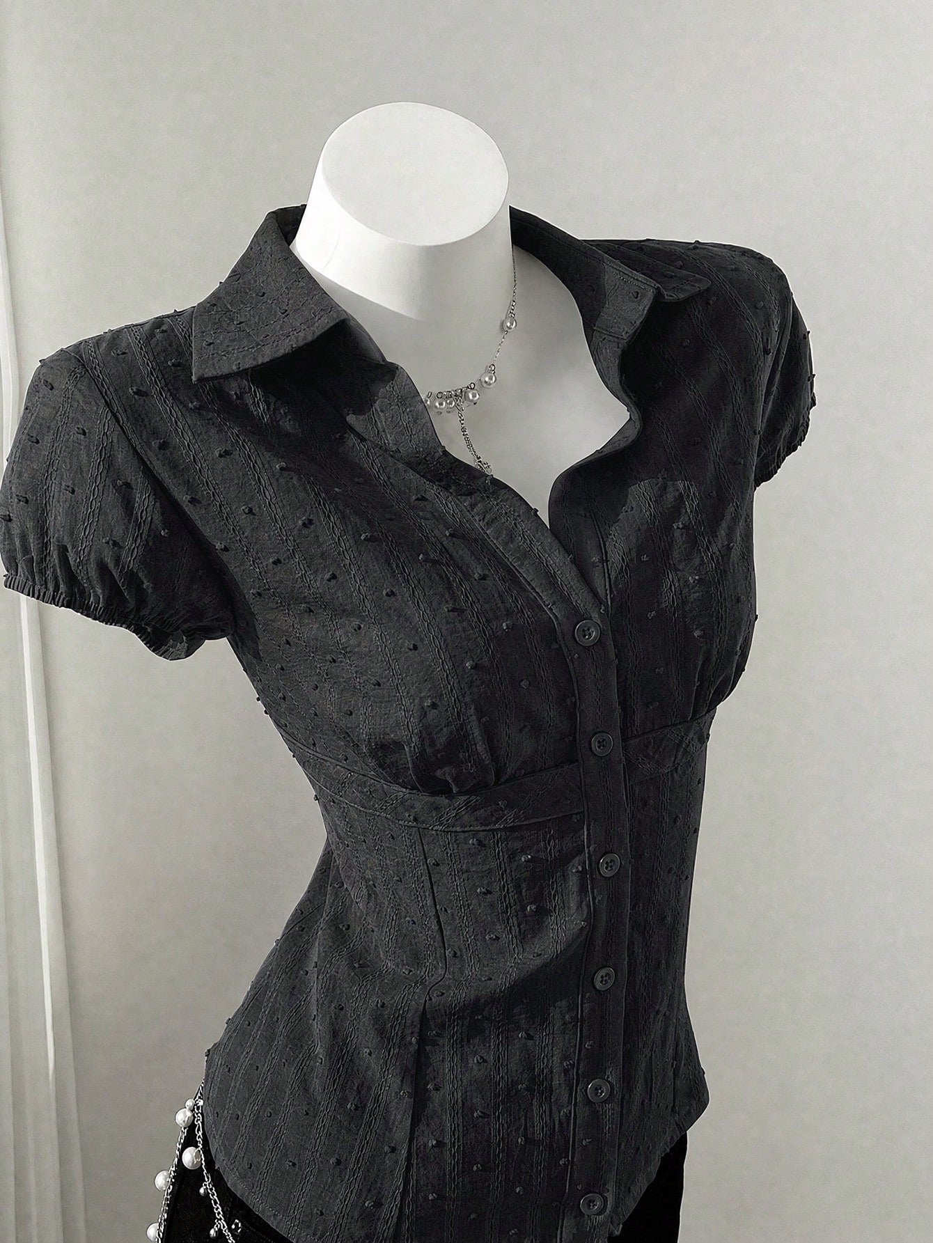 Flirla Women's Casual Retro Sweet & Spicy Textured Jacquard Waist Cinching Vacation Fitted Short Sleeve Blouse