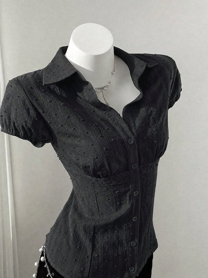 Flirla Women's Casual Retro Sweet & Spicy Textured Jacquard Waist Cinching Vacation Fitted Short Sleeve Blouse