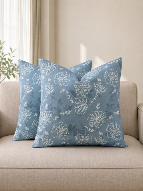 Floral Pillowcase, Linen Texture Decorative Pillowcase With White Line Floral Pattern, Perfect Decorative Pillow For Sofa, Bed, Home And Outdoor Use