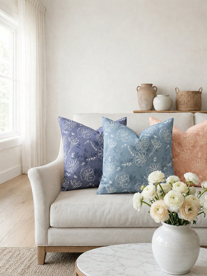 Floral Pillowcase, Linen Texture Decorative Pillowcase With White Line Floral Pattern, Perfect Decorative Pillow For Sofa, Bed, Home And Outdoor Use