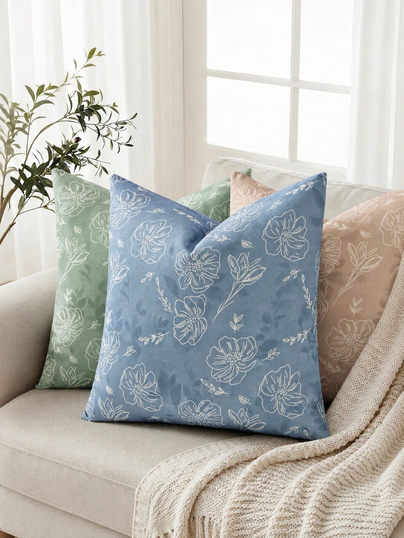 Floral Pillowcase, Linen Texture Decorative Pillowcase With White Line Floral Pattern, Perfect Decorative Pillow For Sofa, Bed, Home And Outdoor Use