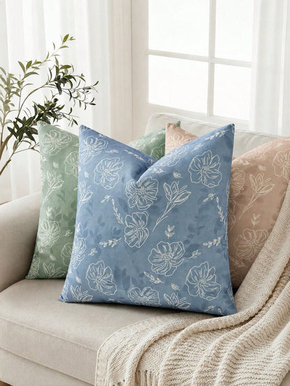 Floral Pillowcase, Linen Texture Decorative Pillowcase With White Line Floral Pattern, Perfect Decorative Pillow For Sofa, Bed, Home And Outdoor Use