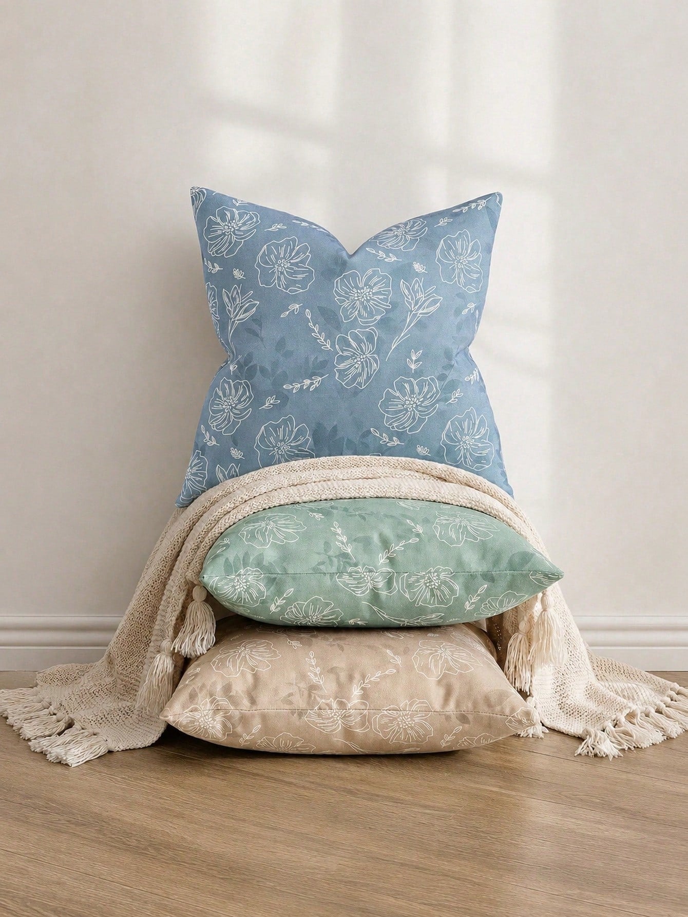 Floral Pillowcase, Linen Texture Decorative Pillowcase With White Line Floral Pattern, Perfect Decorative Pillow For Sofa, Bed, Home And Outdoor Use