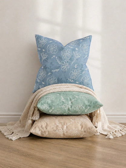 Floral Pillowcase, Linen Texture Decorative Pillowcase With White Line Floral Pattern, Perfect Decorative Pillow For Sofa, Bed, Home And Outdoor Use