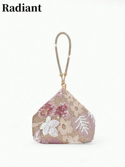 Floral Sequin-Embellished Wristlet Evening Bag-A Sparkling Accessory Perfect For Weddings, Dates, Or Pairing With A Qipao.