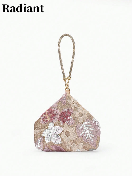 Floral Sequin-Embellished Wristlet Evening Bag-A Sparkling Accessory Perfect For Weddings, Dates, Or Pairing With A Qipao.