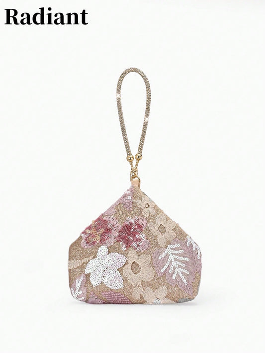 Floral Sequin-Embellished Wristlet Evening Bag-A Sparkling Accessory Perfect For Weddings, Dates, Or Pairing With A Qipao.