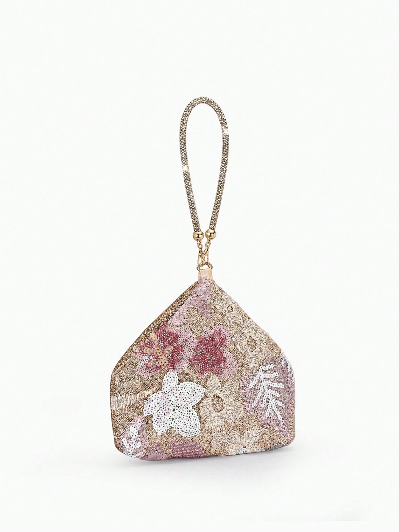 Floral Sequin-Embellished Wristlet Evening Bag-A Sparkling Accessory Perfect For Weddings, Dates, Or Pairing With A Qipao.
