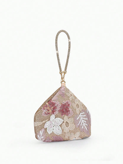 Floral Sequin-Embellished Wristlet Evening Bag-A Sparkling Accessory Perfect For Weddings, Dates, Or Pairing With A Qipao.