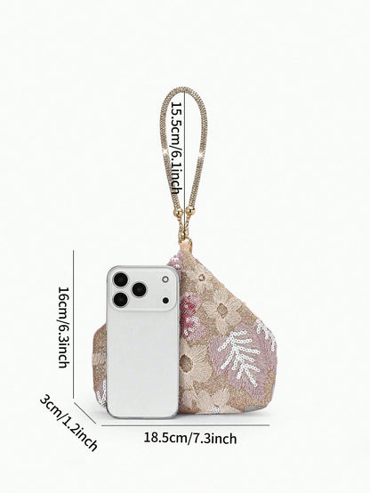Floral Sequin-Embellished Wristlet Evening Bag-A Sparkling Accessory Perfect For Weddings, Dates, Or Pairing With A Qipao.