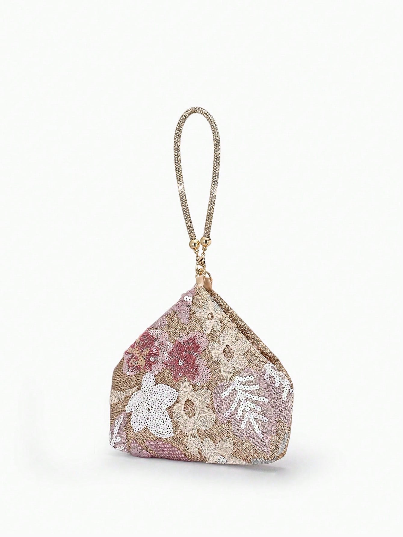 Floral Sequin-Embellished Wristlet Evening Bag-A Sparkling Accessory Perfect For Weddings, Dates, Or Pairing With A Qipao.