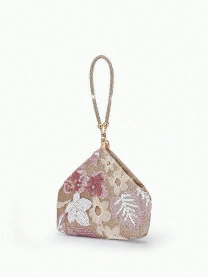 Floral Sequin-Embellished Wristlet Evening Bag-A Sparkling Accessory Perfect For Weddings, Dates, Or Pairing With A Qipao.