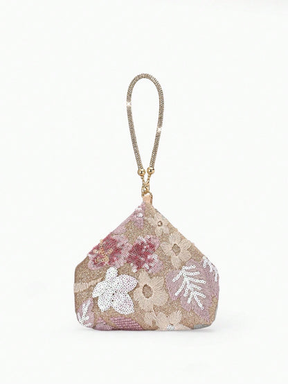Floral Sequin-Embellished Wristlet Evening Bag-A Sparkling Accessory Perfect For Weddings, Dates, Or Pairing With A Qipao.