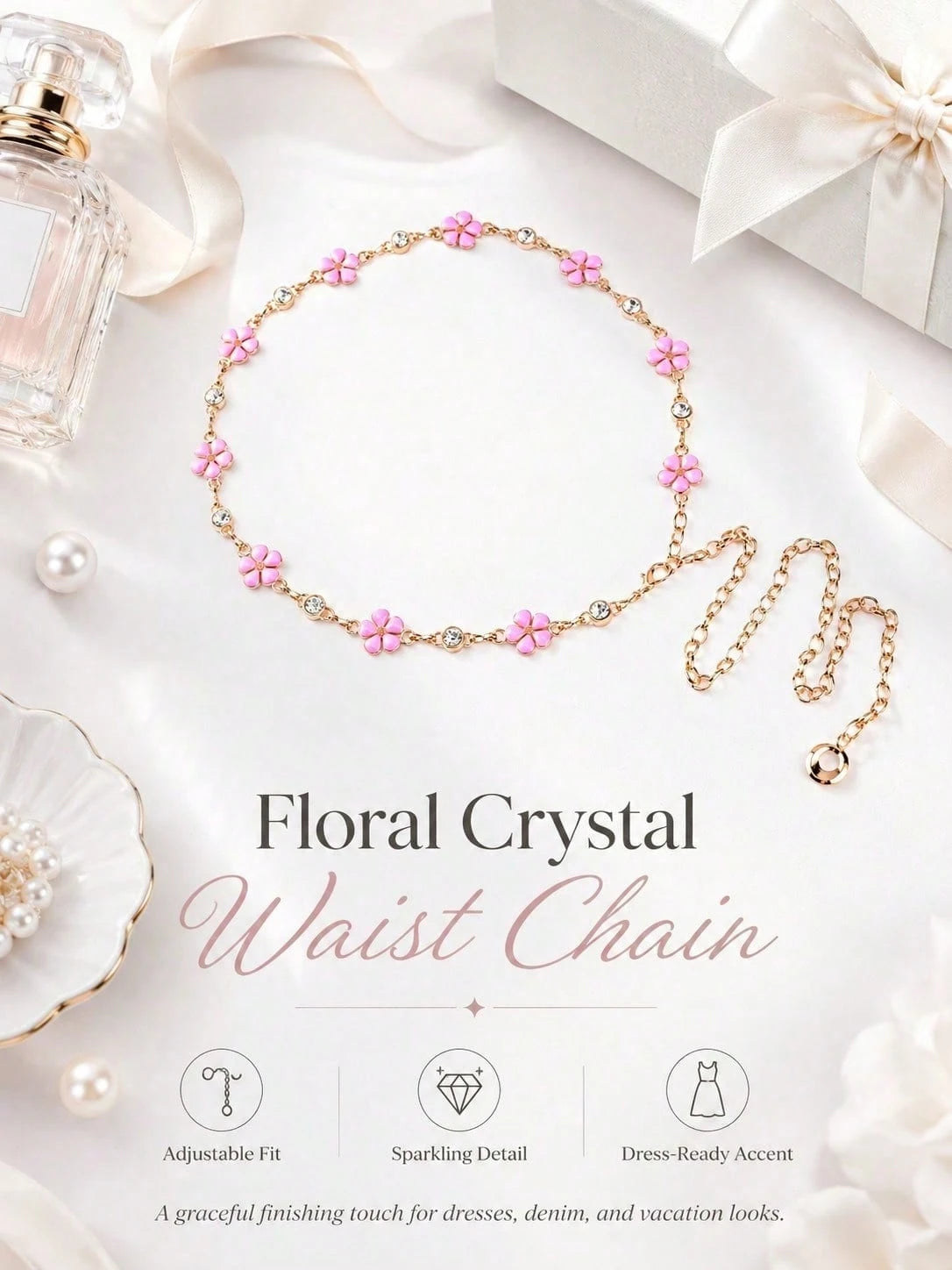 Floral Waist Chain Belt Women, Pink Flower Charm Chain Accessory Dresses, Outfits, Party And Vacation Styling