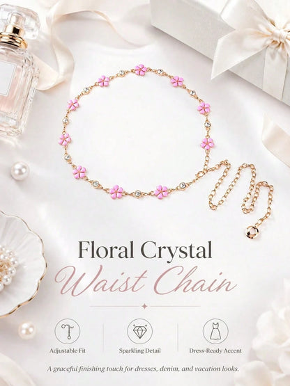 Floral Waist Chain Belt Women, Pink Flower Charm Chain Accessory Dresses, Outfits, Party And Vacation Styling
