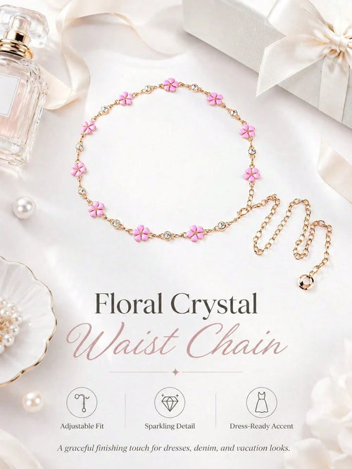 Floral Waist Chain Belt Women, Pink Flower Charm Chain Accessory Dresses, Outfits, Party And Vacation Styling