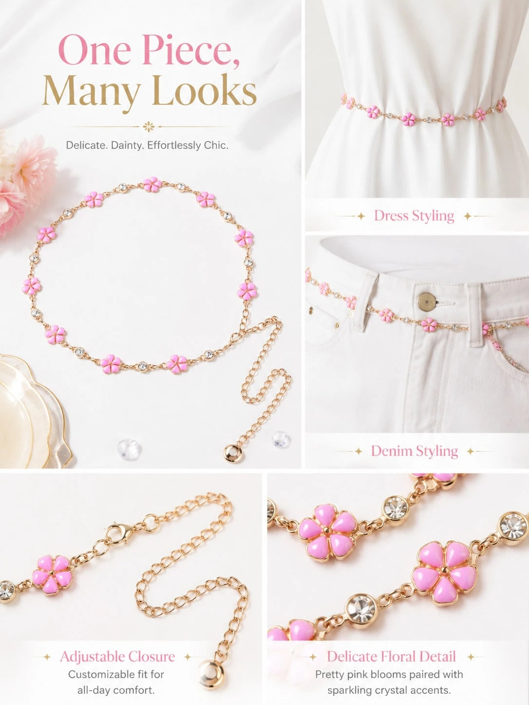 Floral Waist Chain Belt Women, Pink Flower Charm Chain Accessory Dresses, Outfits, Party And Vacation Styling