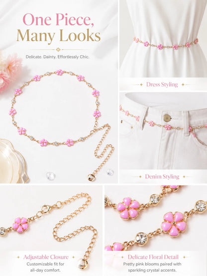Floral Waist Chain Belt Women, Pink Flower Charm Chain Accessory Dresses, Outfits, Party And Vacation Styling