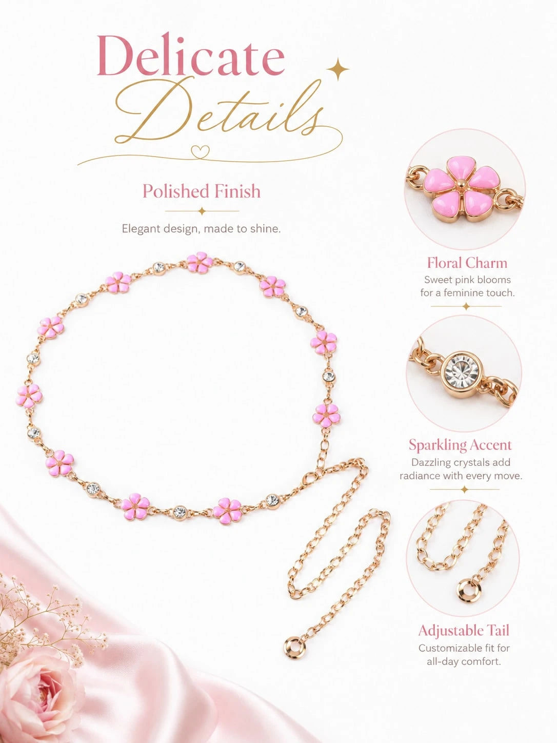 Floral Waist Chain Belt Women, Pink Flower Charm Chain Accessory Dresses, Outfits, Party And Vacation Styling