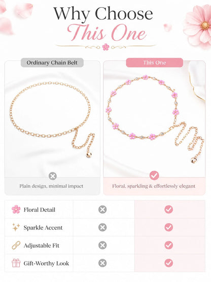 Floral Waist Chain Belt Women, Pink Flower Charm Chain Accessory Dresses, Outfits, Party And Vacation Styling