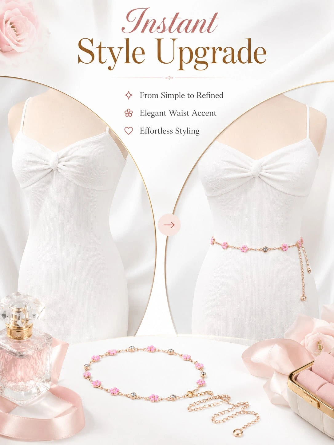 Floral Waist Chain Belt Women, Pink Flower Charm Chain Accessory Dresses, Outfits, Party And Vacation Styling