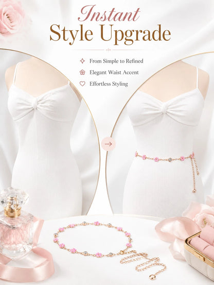Floral Waist Chain Belt Women, Pink Flower Charm Chain Accessory Dresses, Outfits, Party And Vacation Styling