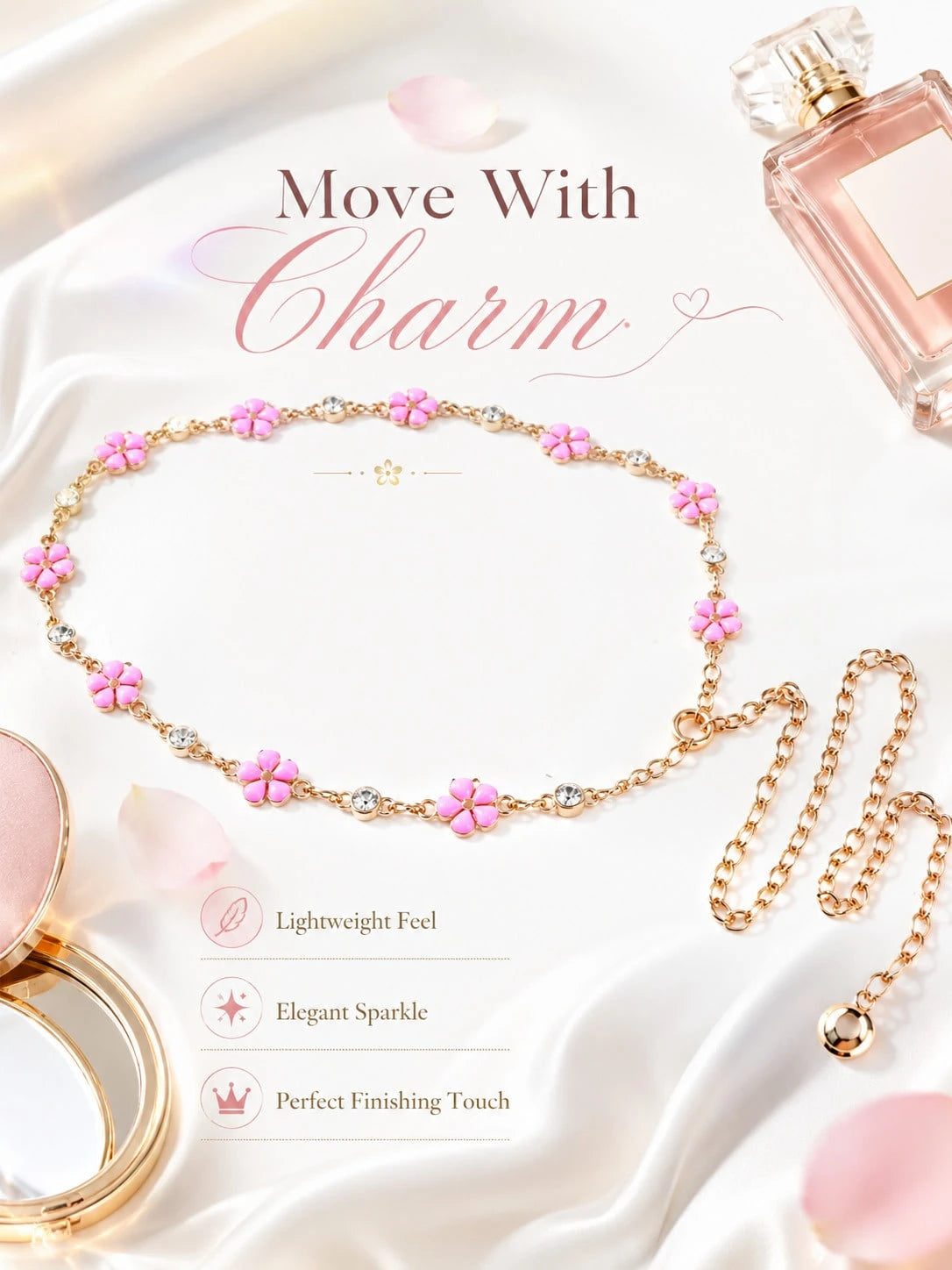 Floral Waist Chain Belt Women, Pink Flower Charm Chain Accessory Dresses, Outfits, Party And Vacation Styling