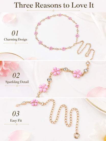 Floral Waist Chain Belt Women, Pink Flower Charm Chain Accessory Dresses, Outfits, Party And Vacation Styling