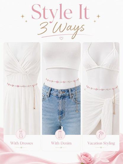 Floral Waist Chain Belt Women, Pink Flower Charm Chain Accessory Dresses, Outfits, Party And Vacation Styling