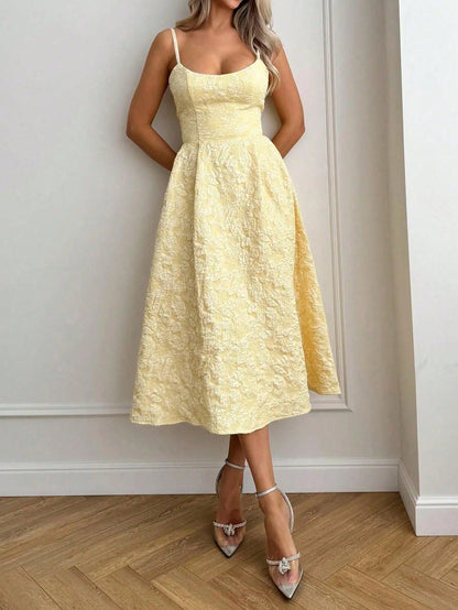 Floreya Summer Elegant Solid Color French Style High-End Elegant Light Dress Waist-Cinching Slim Fit Spaghetti Strap Midi Dress Apricot Dress Party
