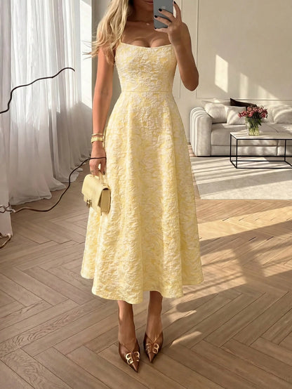 Floreya Summer Elegant Solid Color French Style High-End Elegant Light Dress Waist-Cinching Slim Fit Spaghetti Strap Midi Dress Apricot Dress Party