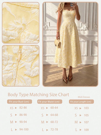 Floreya Summer Elegant Solid Color French Style High-End Elegant Light Dress Waist-Cinching Slim Fit Spaghetti Strap Midi Dress Apricot Dress Party