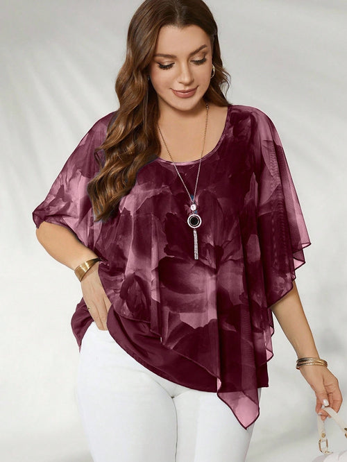 Flouryn Women's Plus Size Elegant Mesh Flowy Cape Top, Fashion Casual Shirt Plus Size Tops Chiffon Blouses Plus Size Women Tops