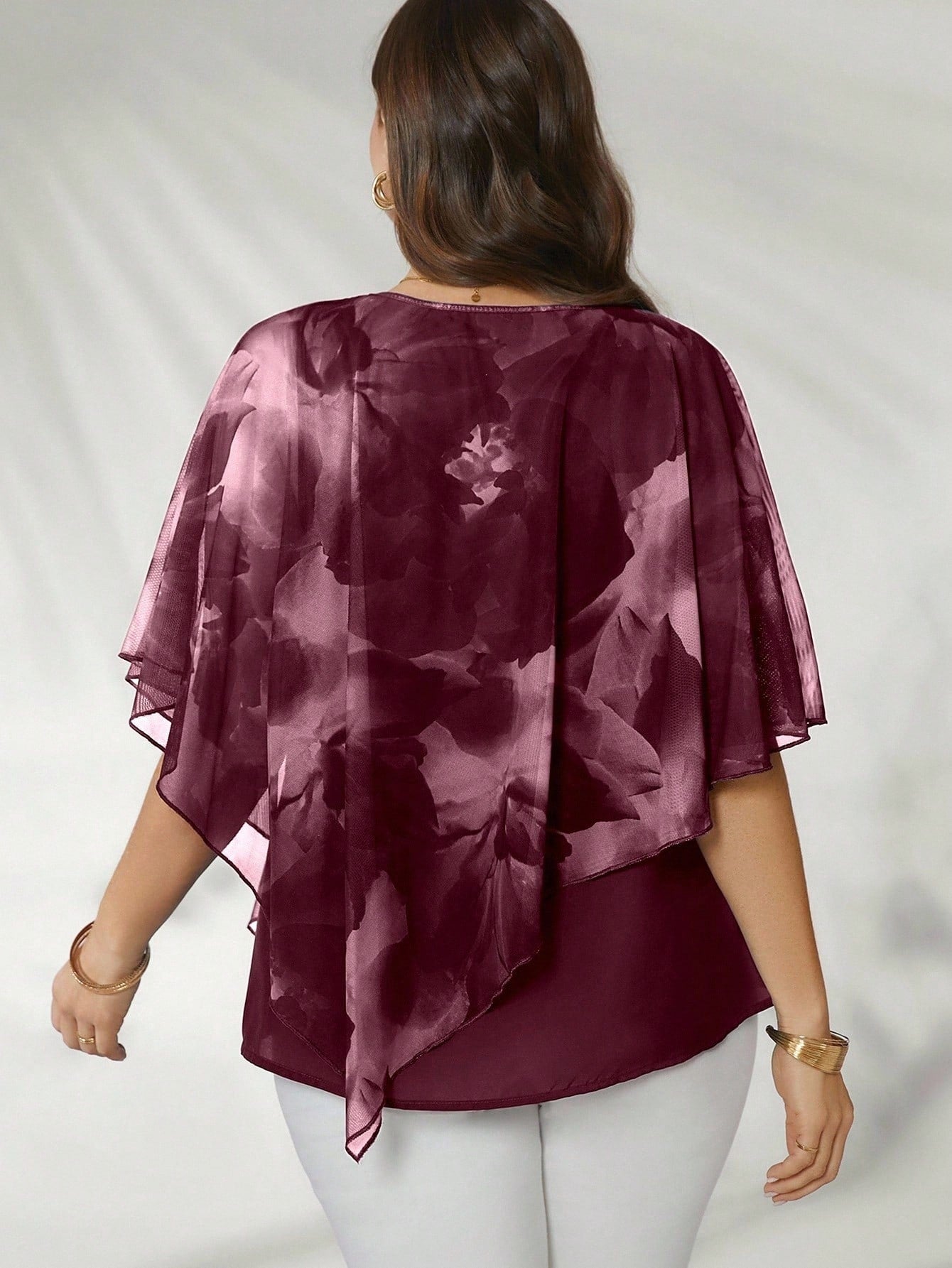 Flouryn Women's Plus Size Elegant Mesh Flowy Cape Top, Fashion Casual Shirt Plus Size Tops Chiffon Blouses Plus Size Women Tops