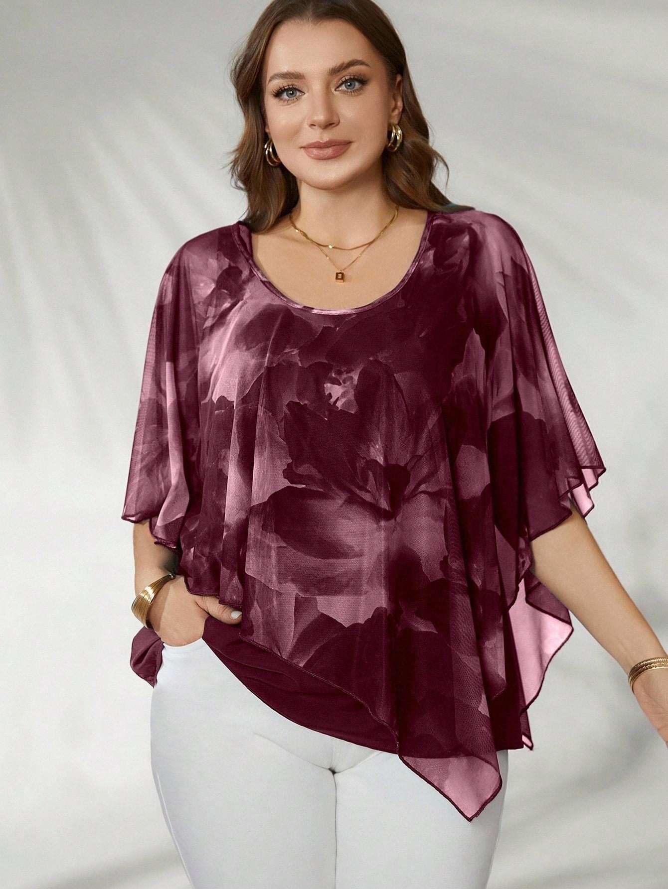 Flouryn Women's Plus Size Elegant Mesh Flowy Cape Top, Fashion Casual Shirt Plus Size Tops Chiffon Blouses Plus Size Women Tops