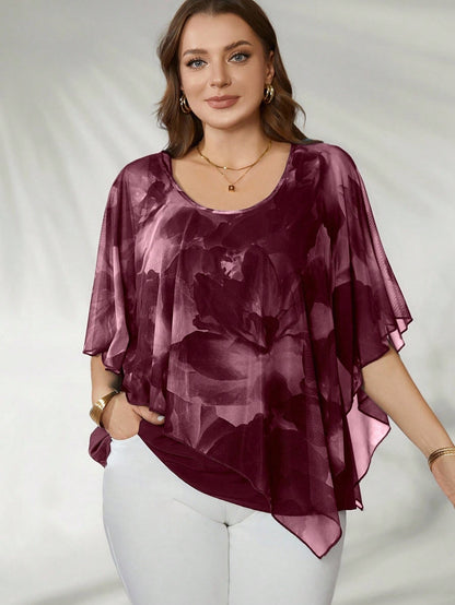 Flouryn Women's Plus Size Elegant Mesh Flowy Cape Top, Fashion Casual Shirt Plus Size Tops Chiffon Blouses Plus Size Women Tops