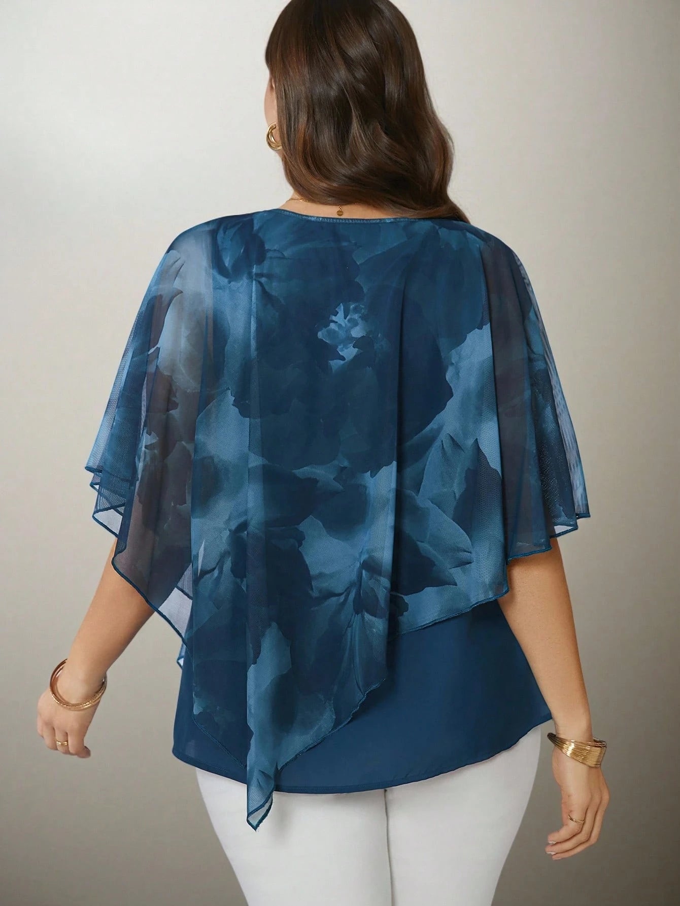 Flouryn Women's Plus Size Elegant Mesh Flowy Cape Top, Fashion Casual Shirt Plus Size Tops Chiffon Blouses Plus Size Women Tops